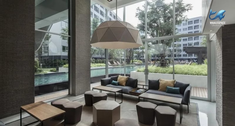Modern lounge area with comfortable seating and large windows overlooking the pool.