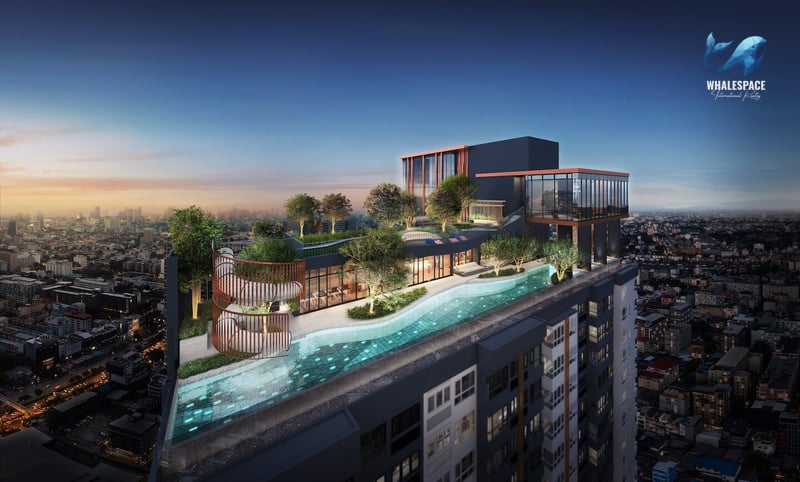 Rooftop infinity pool with city views at sunset