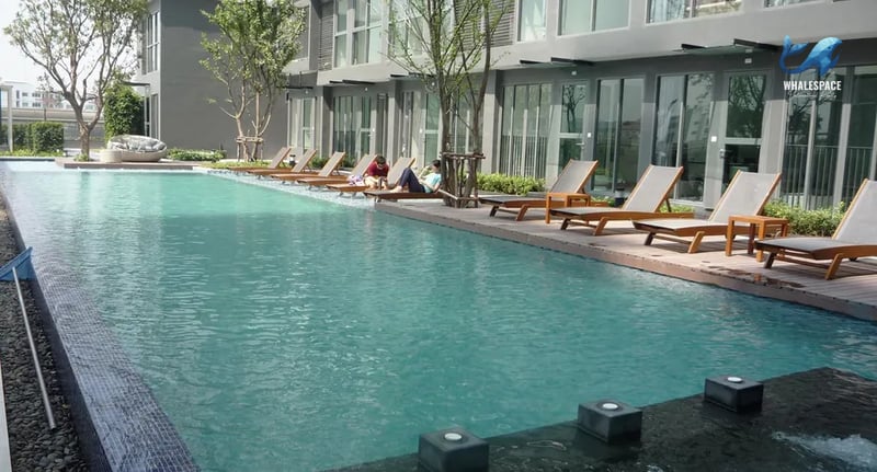 Serene swimming pool area with lounge chairs and surrounding greenery