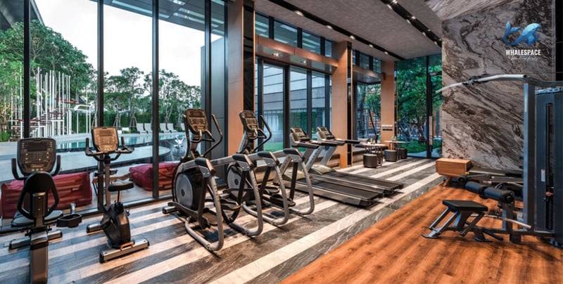 Well-equipped fitness center with treadmills, ellipticals, and weight machines, overlooking lush green spaces.