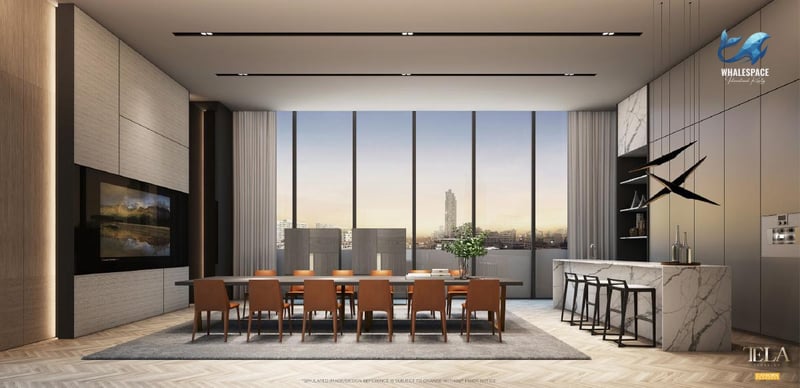 Elegant dining area or multipurpose hall with a long wooden table, leather chairs, a marble bar counter, and expansive city views from floor-to-ceiling windows