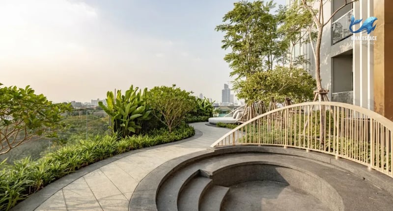 Serene garden space with curved pathways and elevated seating areas