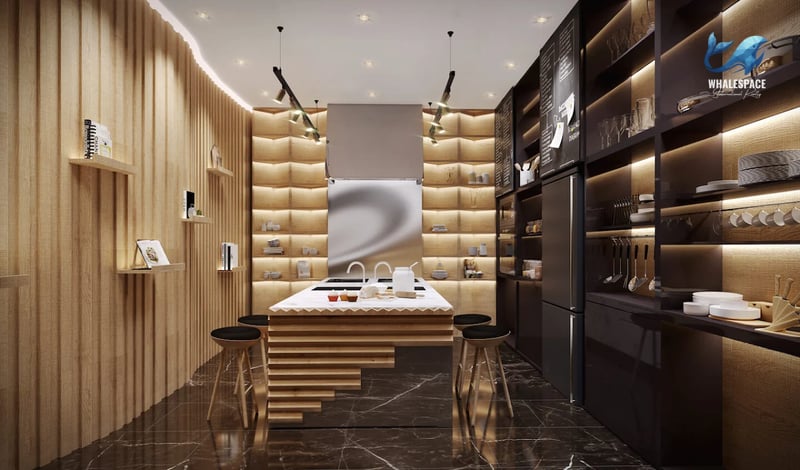 Sleek kitchen with wood accents and island seating