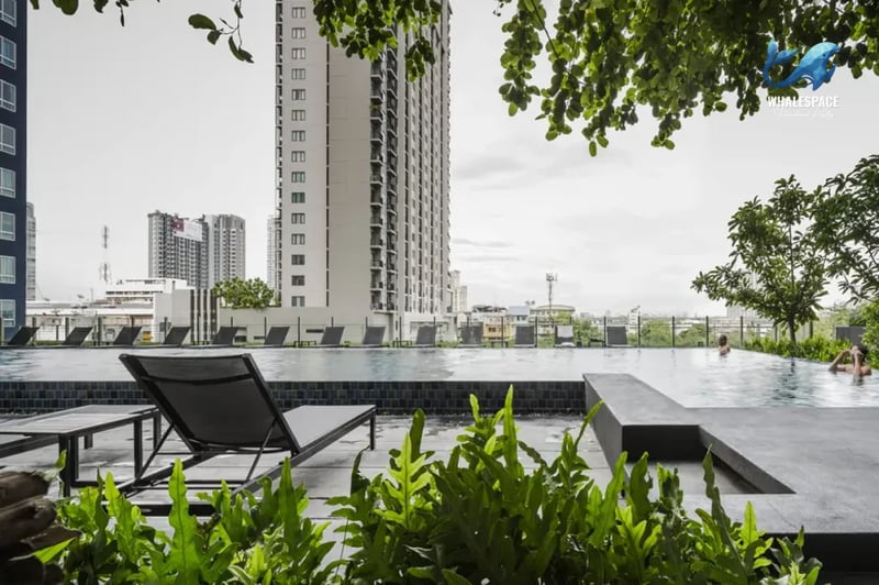 Outdoor swimming pool with sun loungers and a city skyline backdrop.