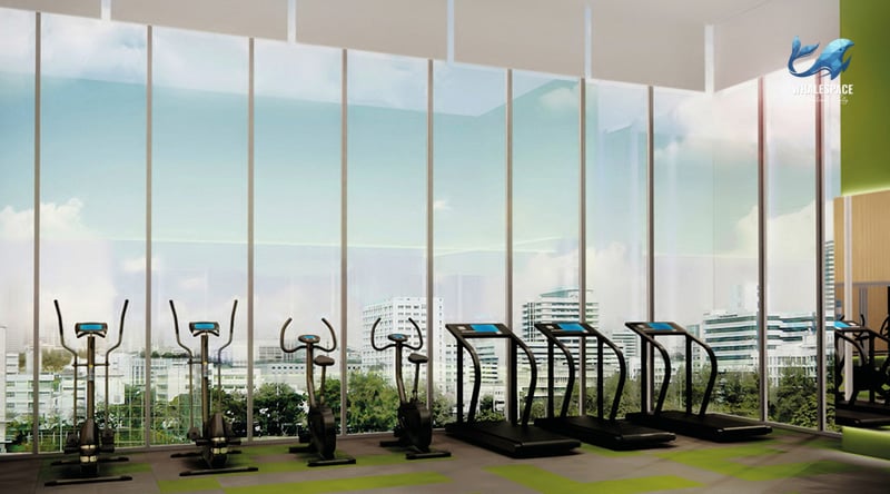 Modern fitness center with floor-to-ceiling windows offering city views, equipped with treadmills and elliptical machines.