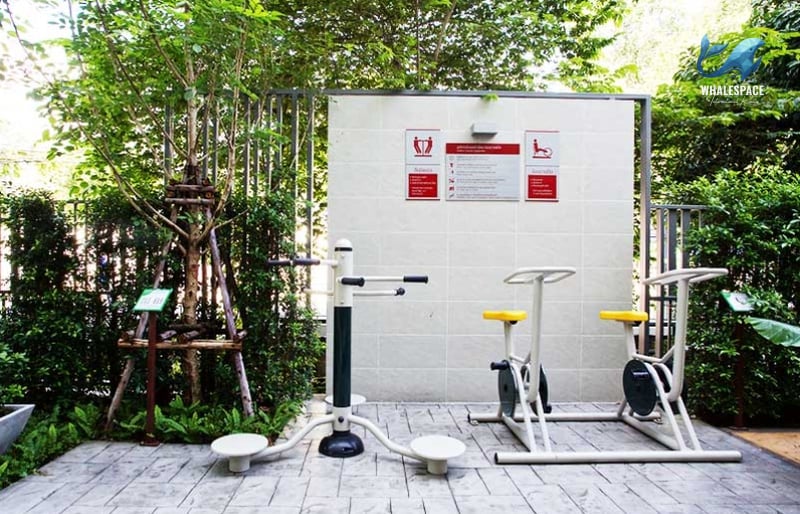 Outdoor fitness equipment set amidst a green garden