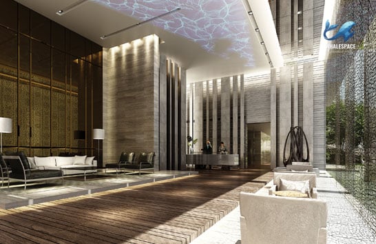 Grand lobby with high ceilings, contemporary seating, and a modern reception desk