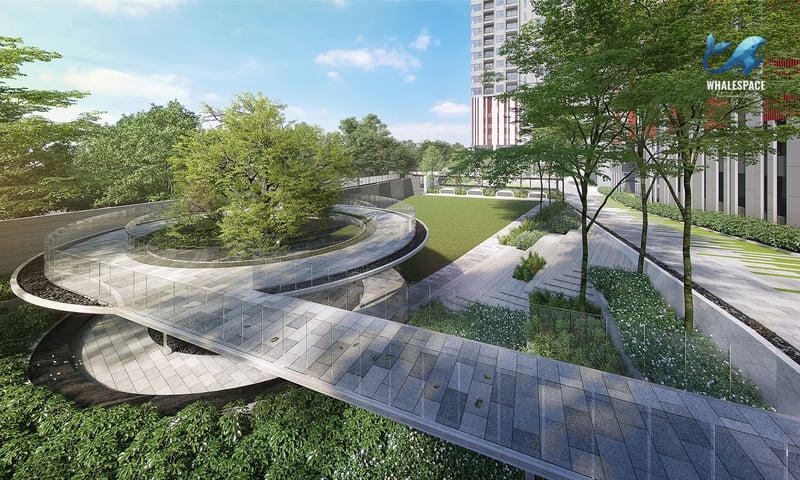 Serene landscaped garden with winding pathways, lush greenery, and mature trees.