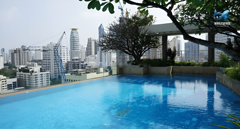 Infinity swimming pool with a breathtaking cityscape backdrop and lush greenery