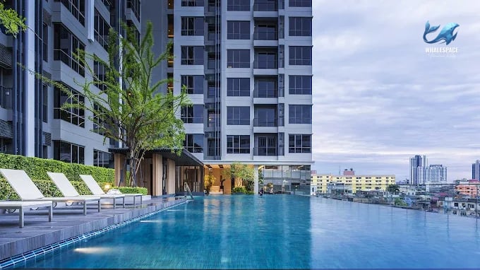 Infinity swimming pool overlooking the city skyline with lounge chairs on the deck.