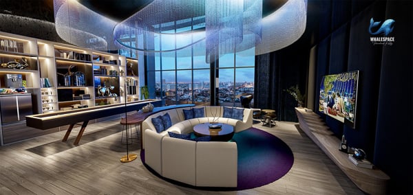 Elegant residents' lounge with a curved sofa, wall-mounted television, and a built-in shelving unit with decorative items.