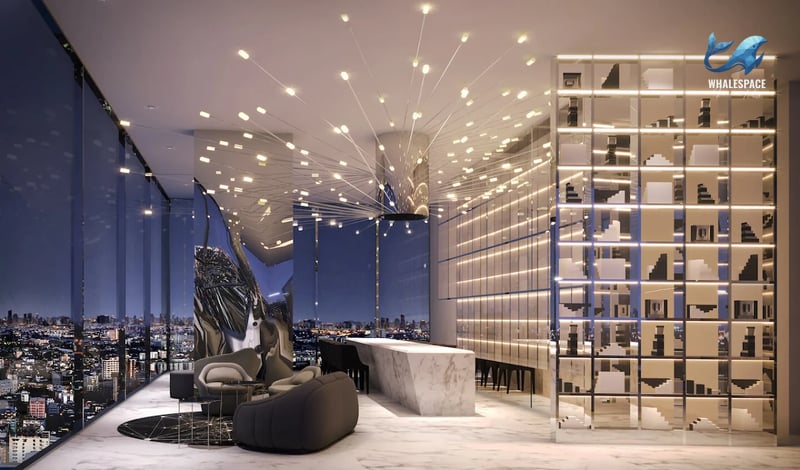 Modern lounge area with marble bar and city skyline backdrop