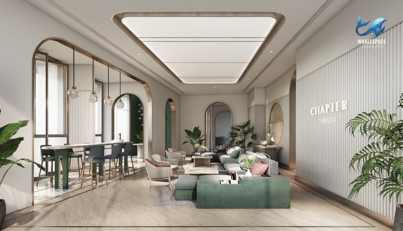 Expansive lounge space featuring a bar area, modern seating, and elegant lighting for social gatherings.