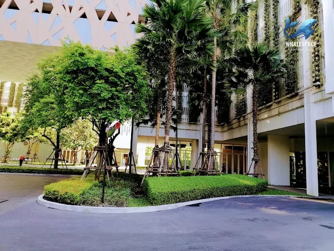 Grand entrance with lush landscaping and modern architecture