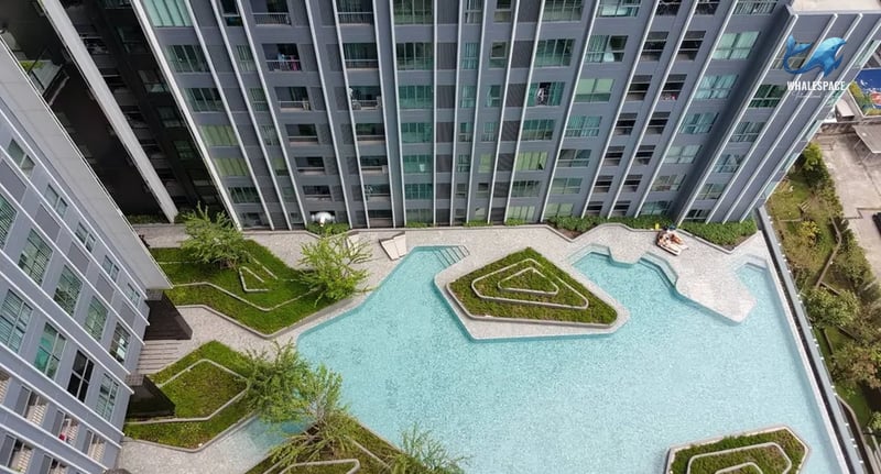 Aerial view of a unique shaped swimming pool surrounded by lush greenery and modern architecture