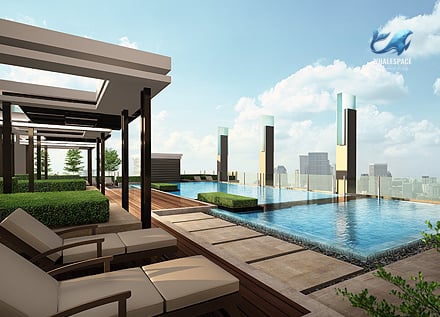 Rooftop infinity pool with lounge chairs and panoramic city views
