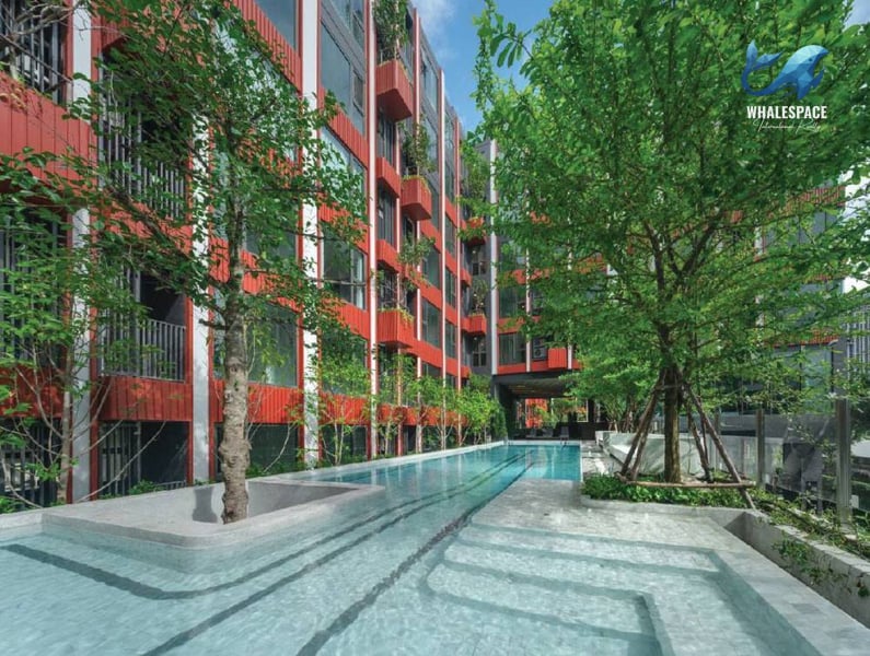 Inviting swimming pool with multiple tiers and lush surrounding greenery.