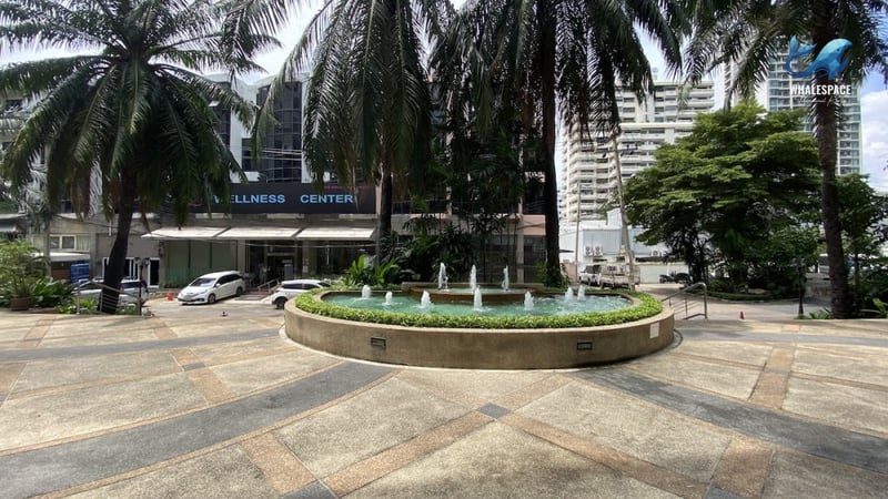 Grand entrance to the wellness center, featuring a decorative fountain and lush palm trees.