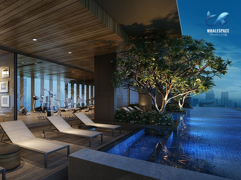 Modern gym equipment overlooking the city skyline, next to a serene pool area.