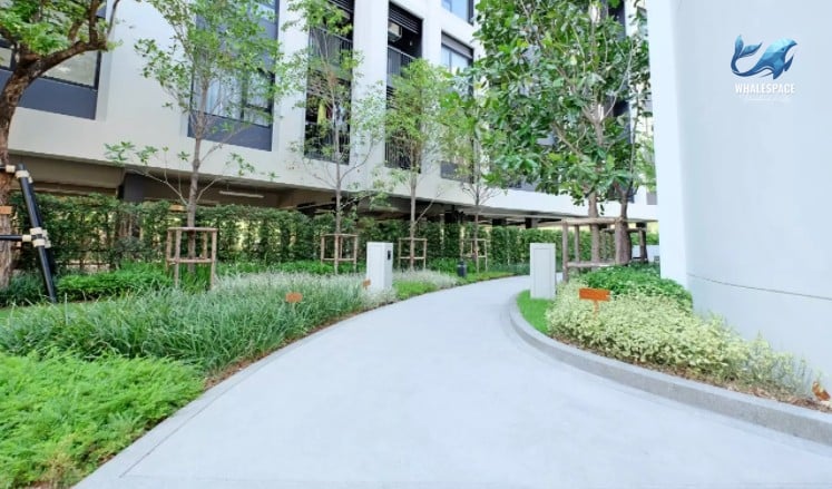 Lush green landscaped pathway with manicured bushes and young trees, providing a serene environment around the buildings.