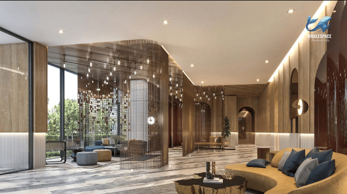 Luxurious lobby with contemporary design, featuring a striking water feature and elegant seating.
