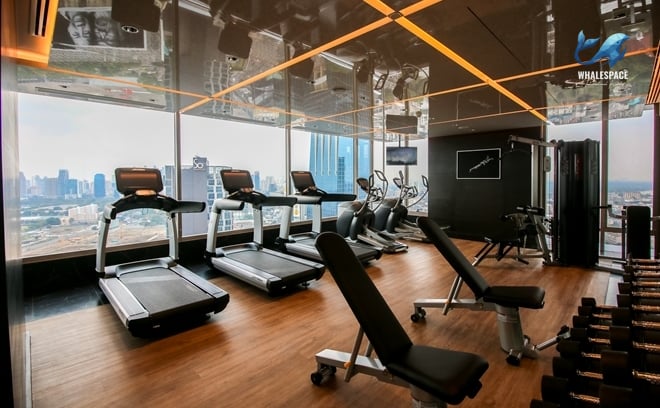 Modern fitness center with a variety of exercise equipment and city skyline views