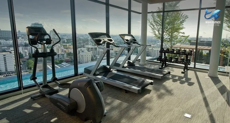 State-of-the-art fitness center with treadmills and free weights, overlooking the city