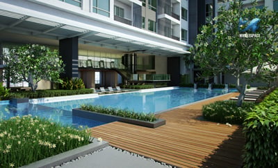 Multi-level swimming pool area with wooden deck and tropical landscaping