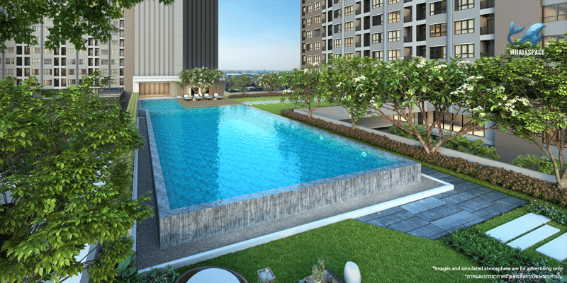 Expansive swimming pool surrounded by lush greenery and modern building architecture, offering a serene oasis with lounge seating.