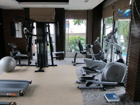 Well-equipped fitness center featuring various cardio machines, weight training equipment, and a punching bag.