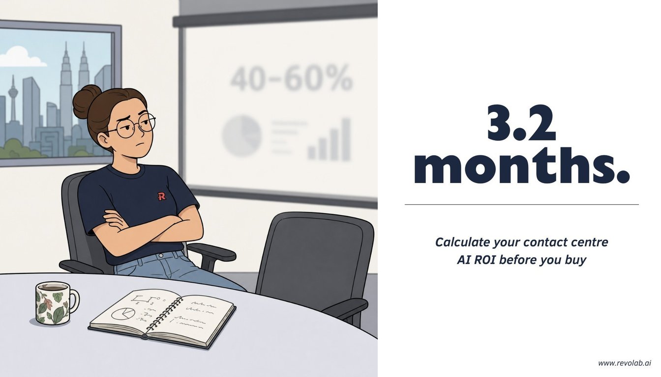 Abstract 3D bar chart rendered in dark navy with crimson and blue accents representing contact centre cost reduction
