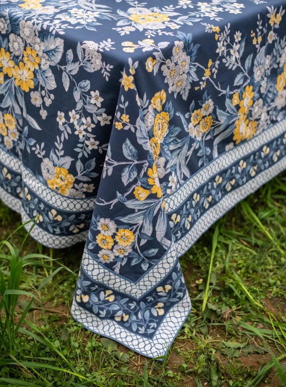 THE SHOP PALMEROS NAVY COTTON SHEETING PRINTED TABLE CLOTH WITH BORDER 70X108 IN