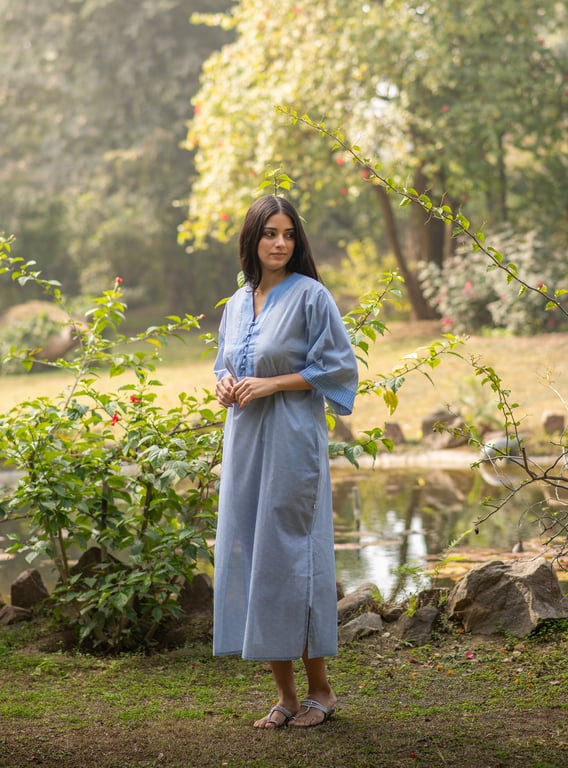 THE SHOP MAYA KAFTAN BORO BINDI BLUE COTTON VOILE LOUNGEWEAR DRESS SIZE S
