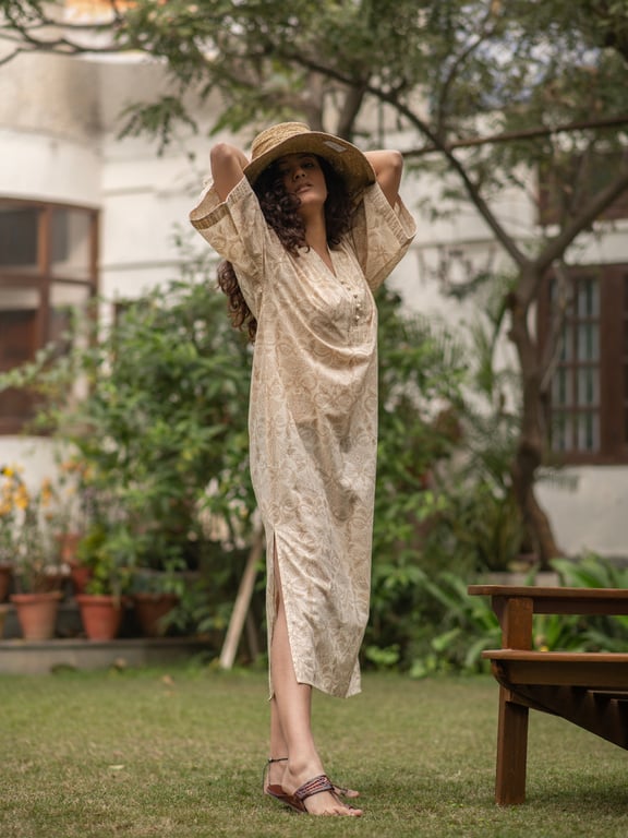 THE SHOP MAYA KAFTAN BLOCK COFFEE COTTON VOILE LIGHTWEIGHT DRESS SIZE S
