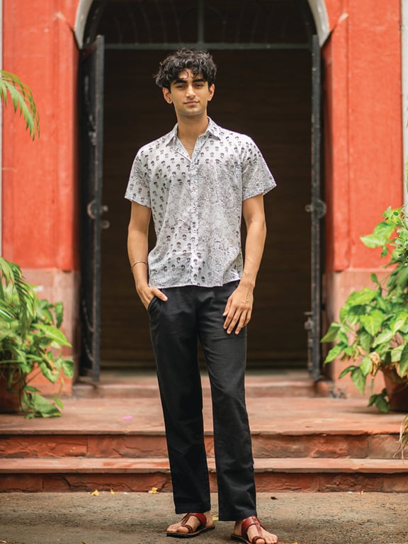 THE SHOP HANGOUT SHIRT BLOCK PRINTED BOOTA & LINES CASUAL SHIRT BLACK COTTON ...