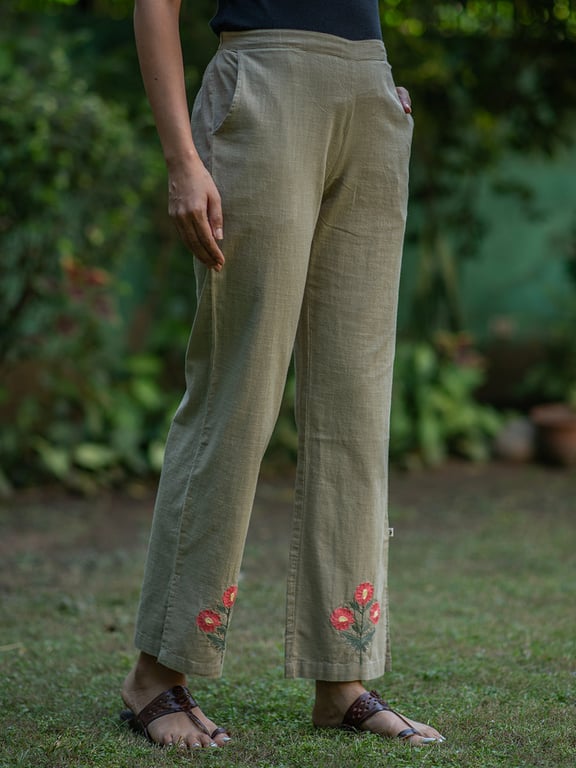 THE SHOP SAGE COTTON SLUB SLIM FIT PANT WITH AARI EMBROIDERY SIZE S
