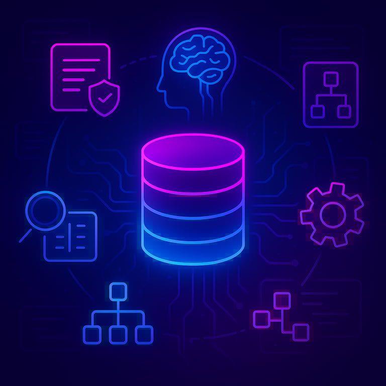 Illustration of SmartSQL showing autonomous AI agents managing data operations with built-in security and compliance