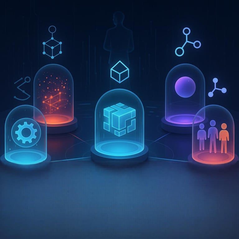 Various AI agent frameworks shown as interconnected components powering autonomous systems for complex tasks