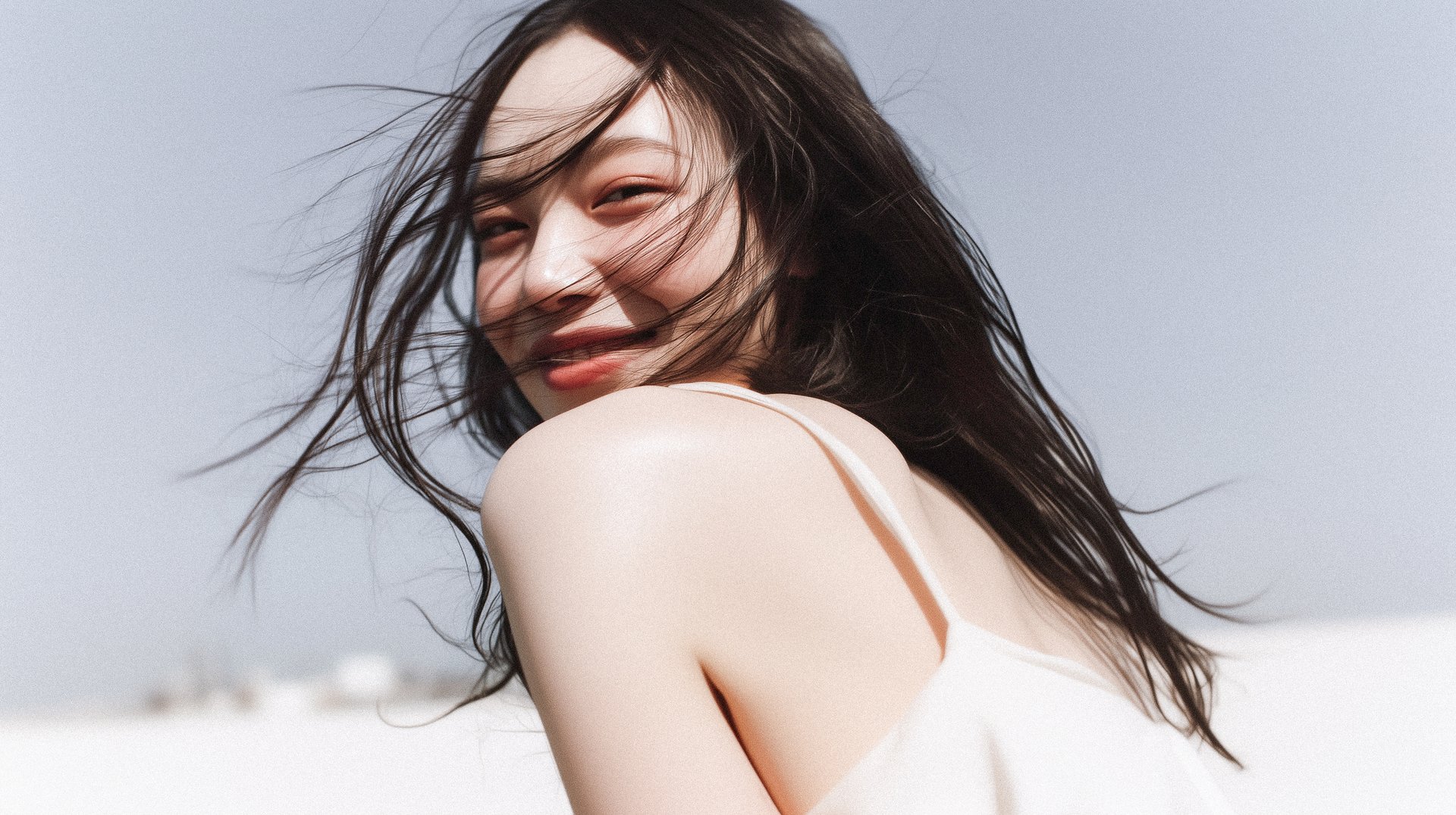 Smiling Woman Wind Hair Portrait