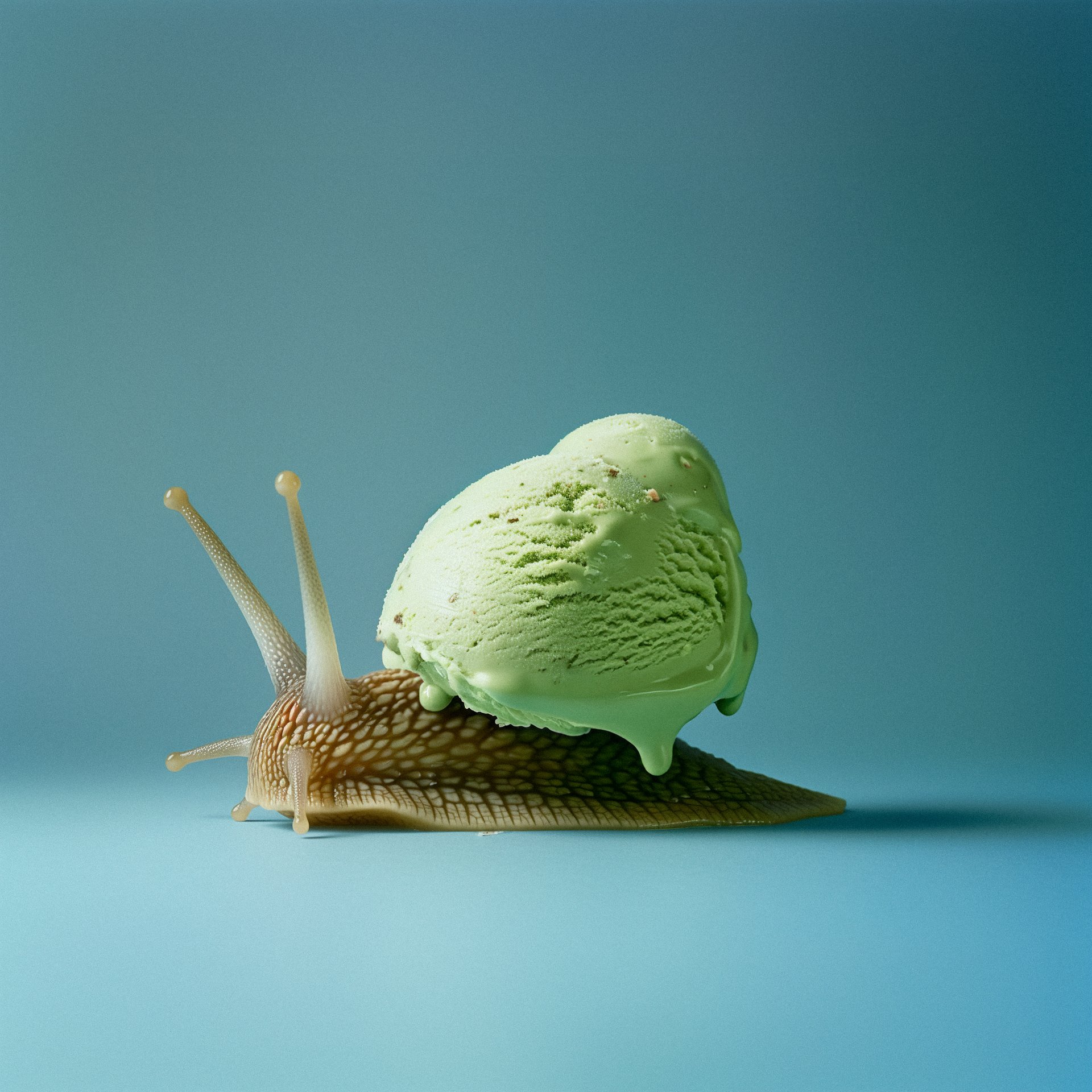 a snail with pistachio ice cream shell