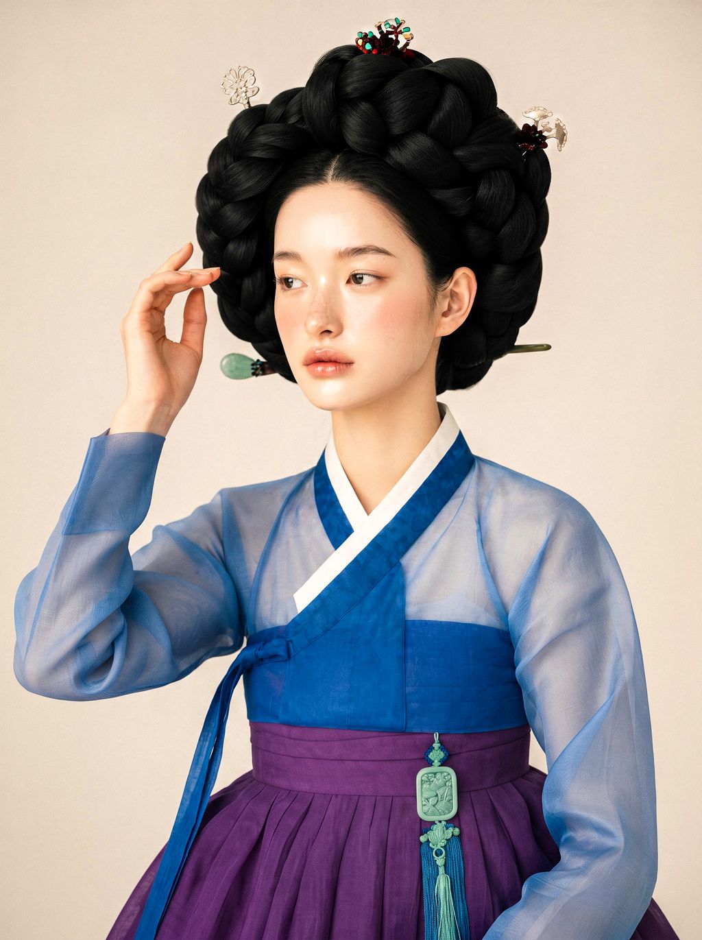 Young Korean woman in blue and purple Hanbok with elaborate braided hair and traditional hairpins, looking right.
