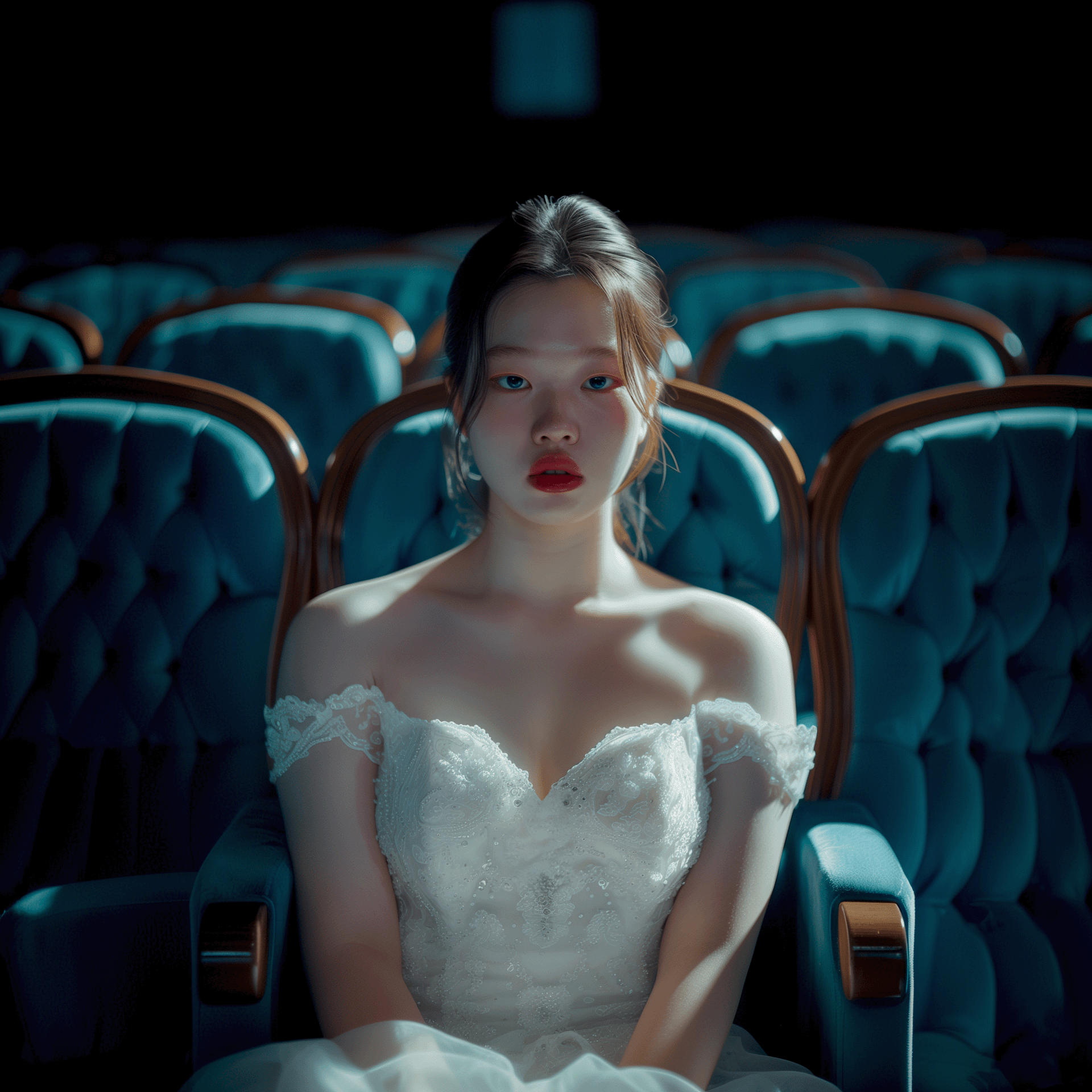 A bride sitting in the empty cinema