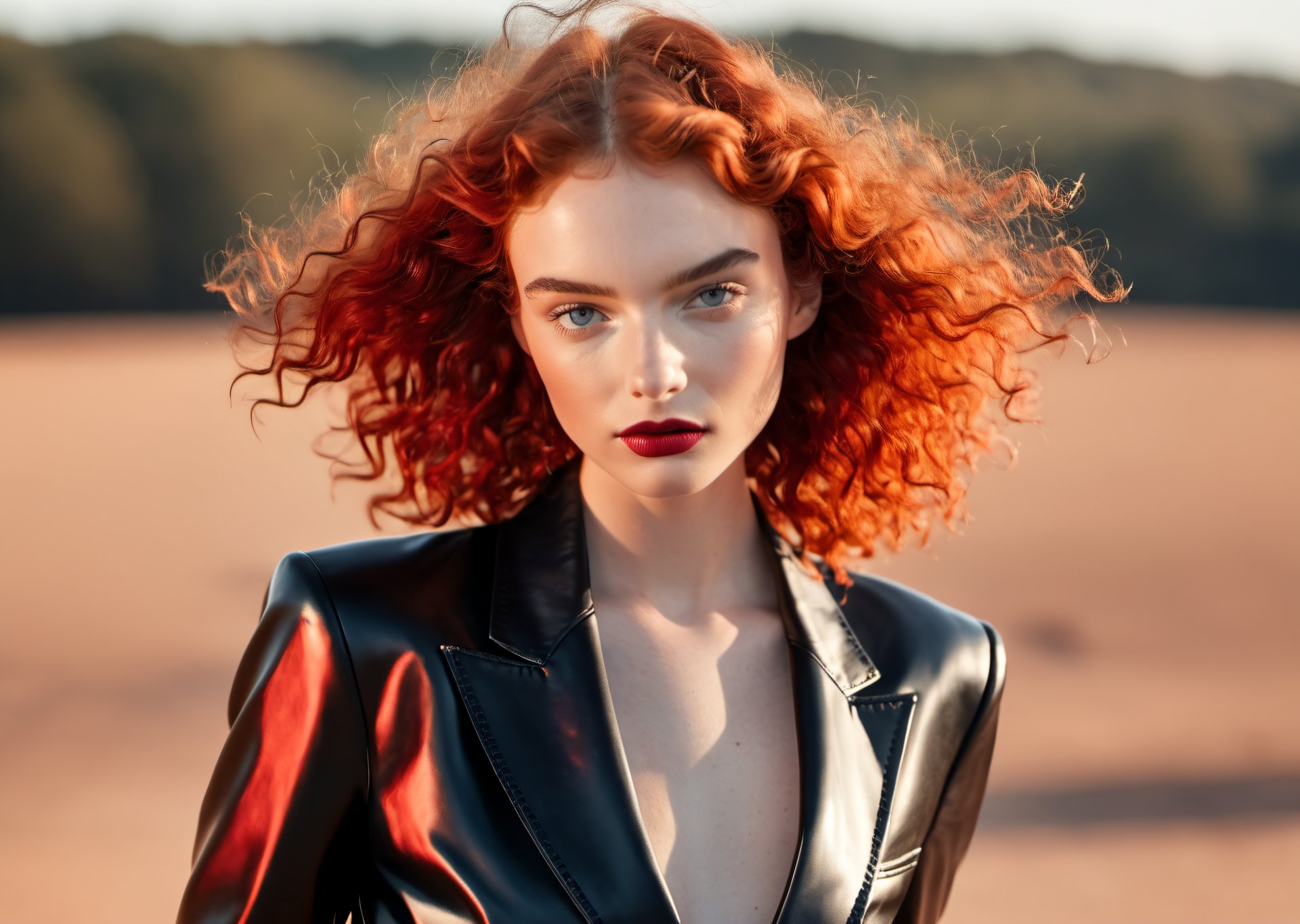 curly red hair model in black leather jacket