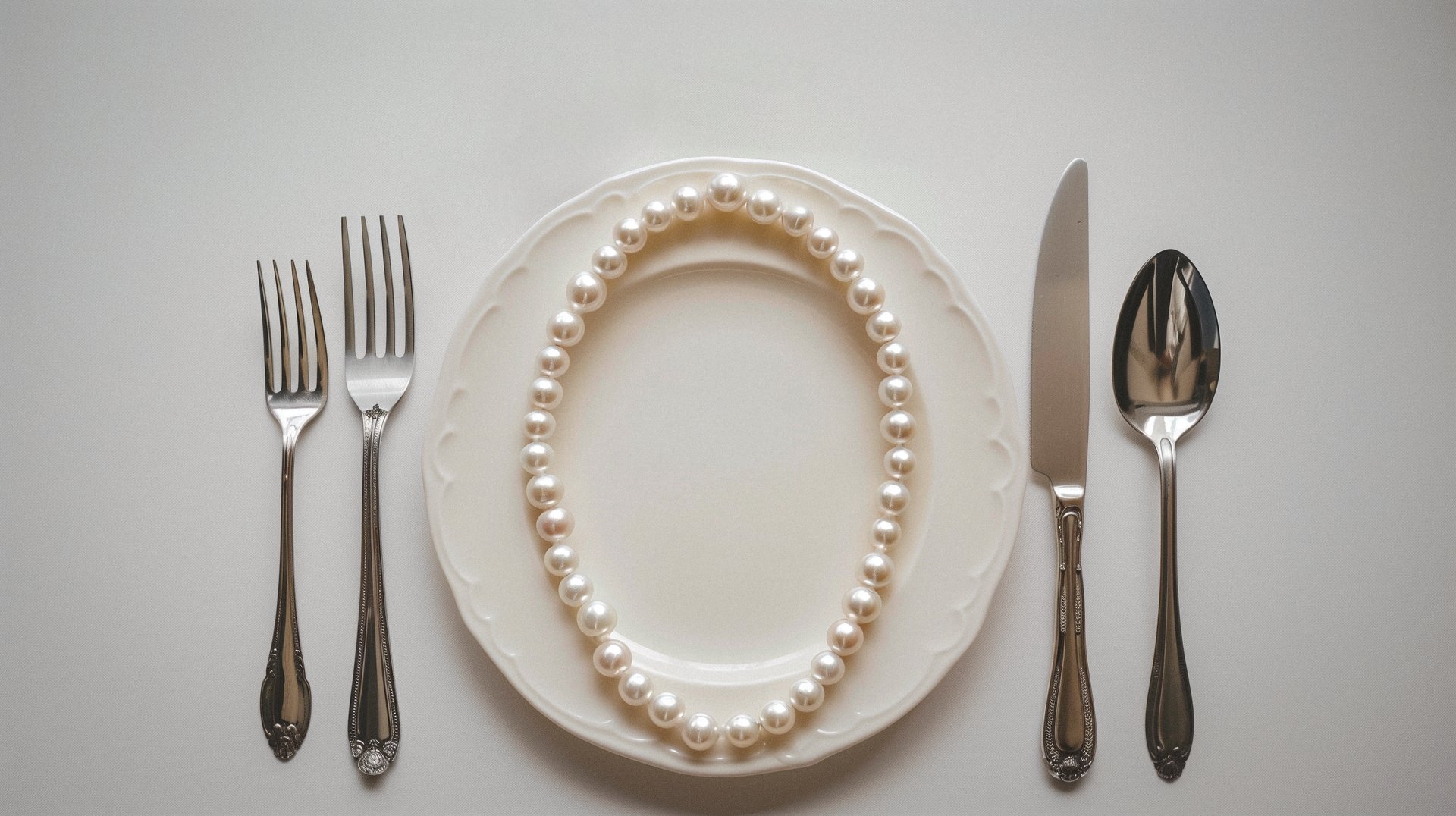 pearl necklace between flatware set