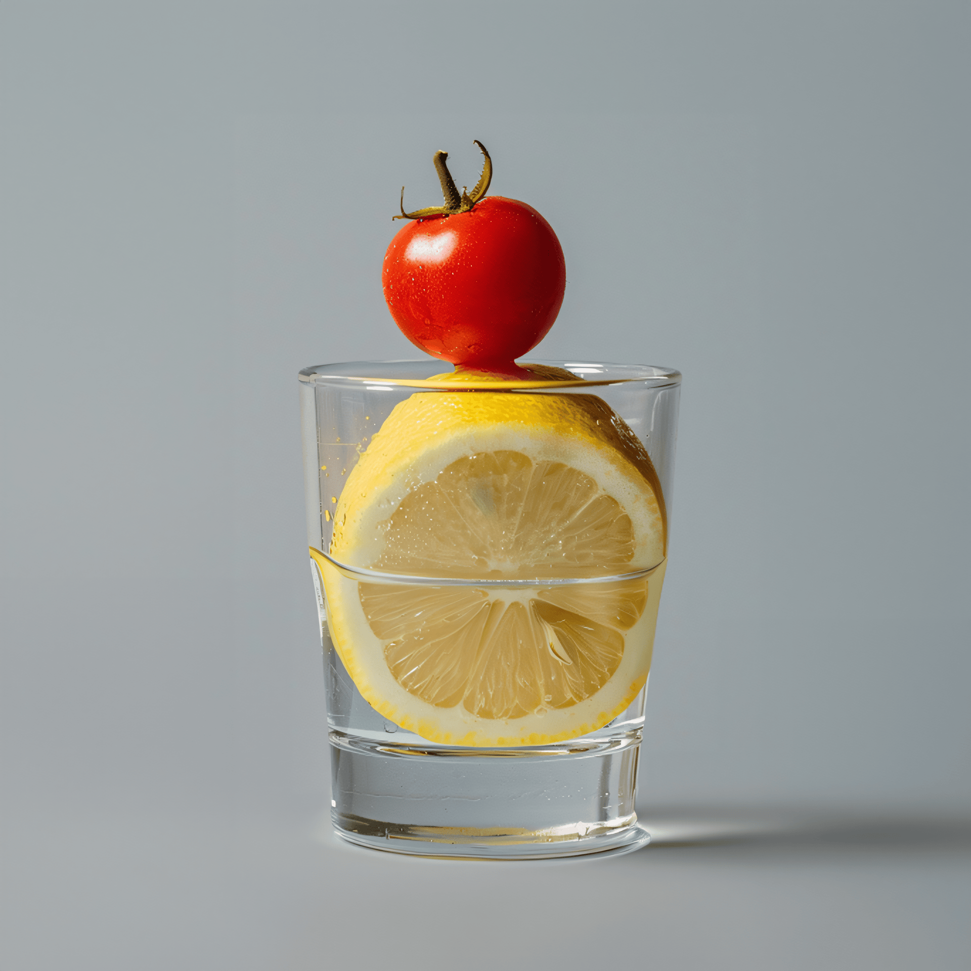 a glass cup with lemon and tomato
