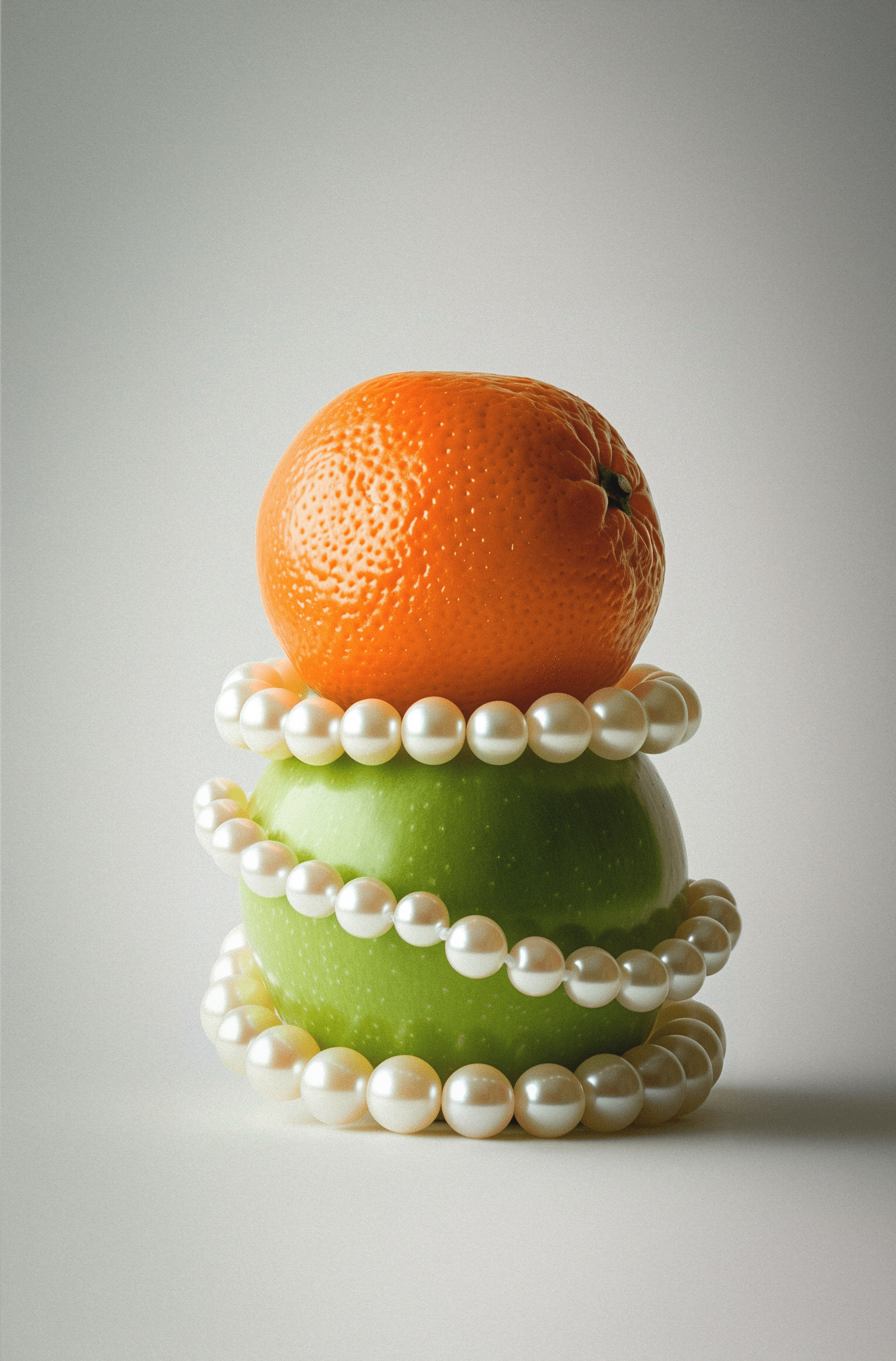 A orange and green apple with pearl necklaces