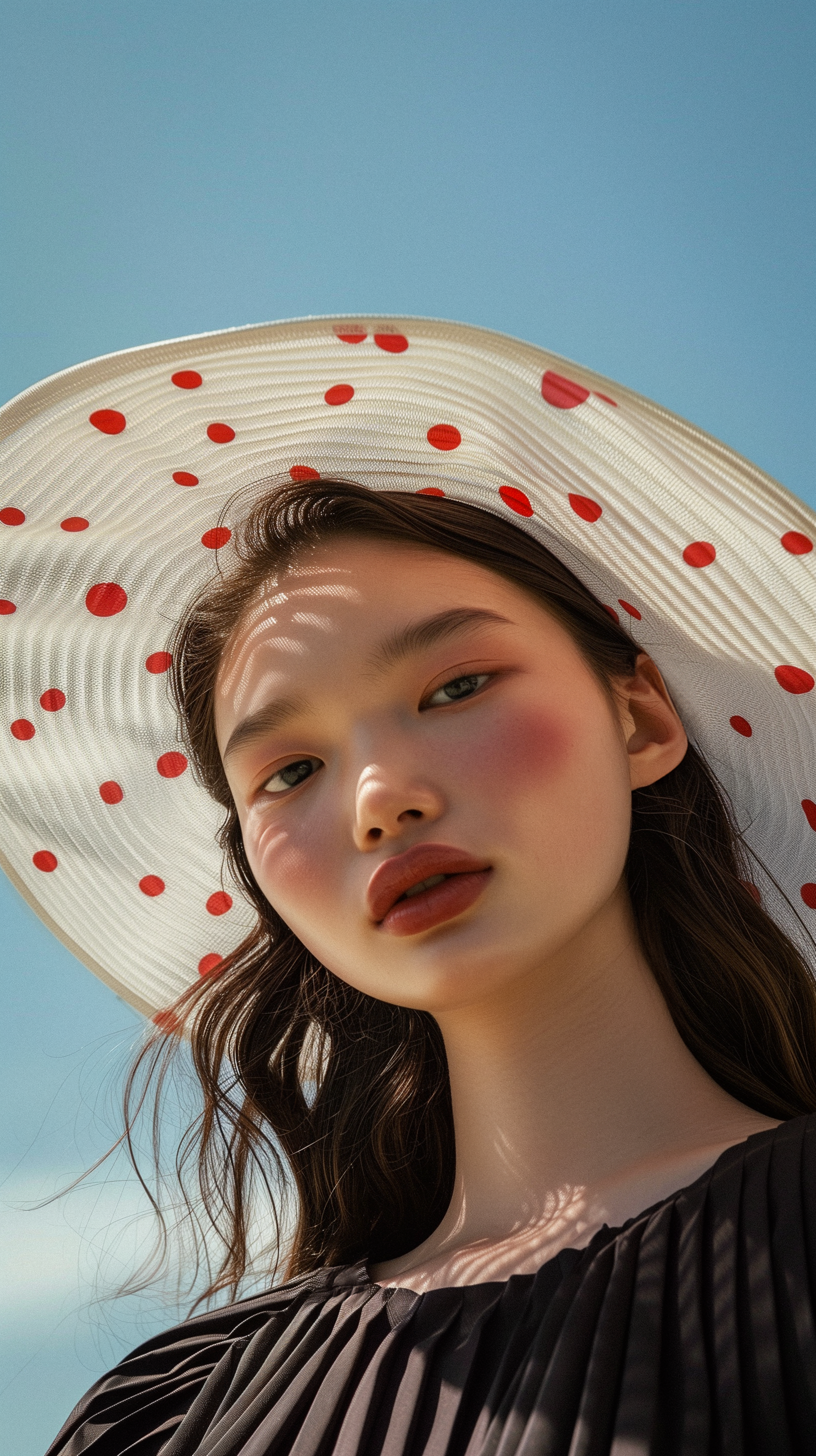 大きな白い赤いドット柄の帽子をかぶった若い女性
