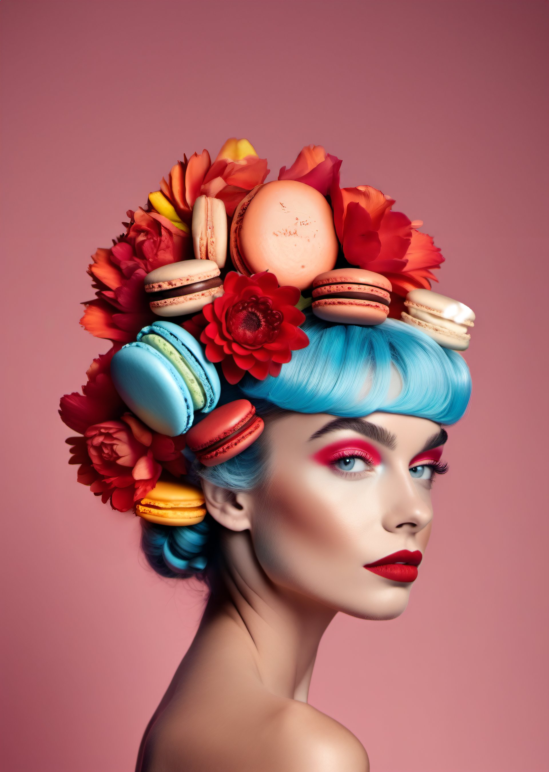 model with colorful macaron headdress