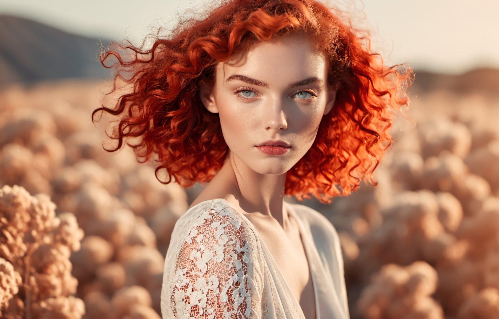 curly red hair model in white dress