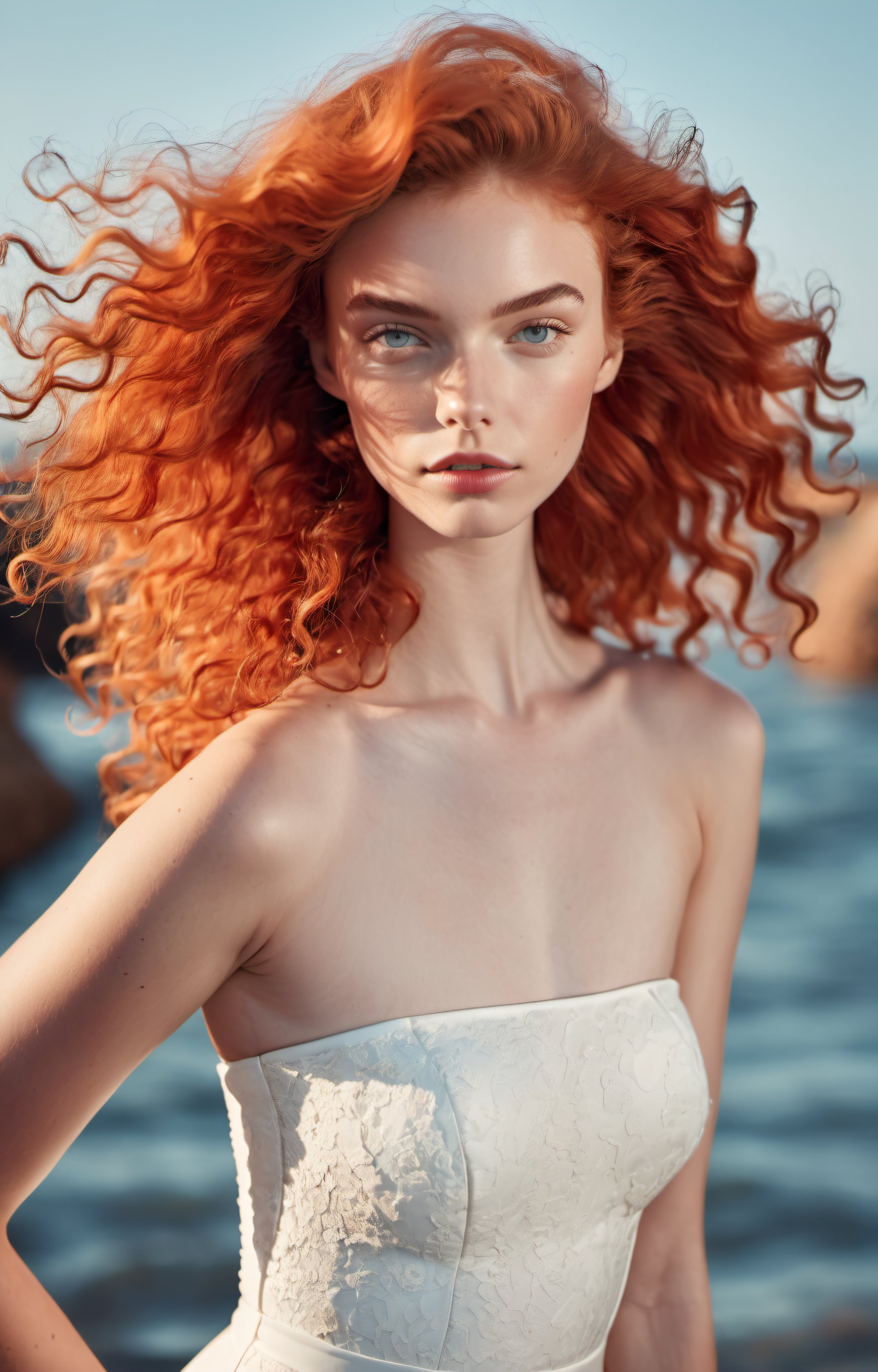 curly red hair model in white mermaid dress